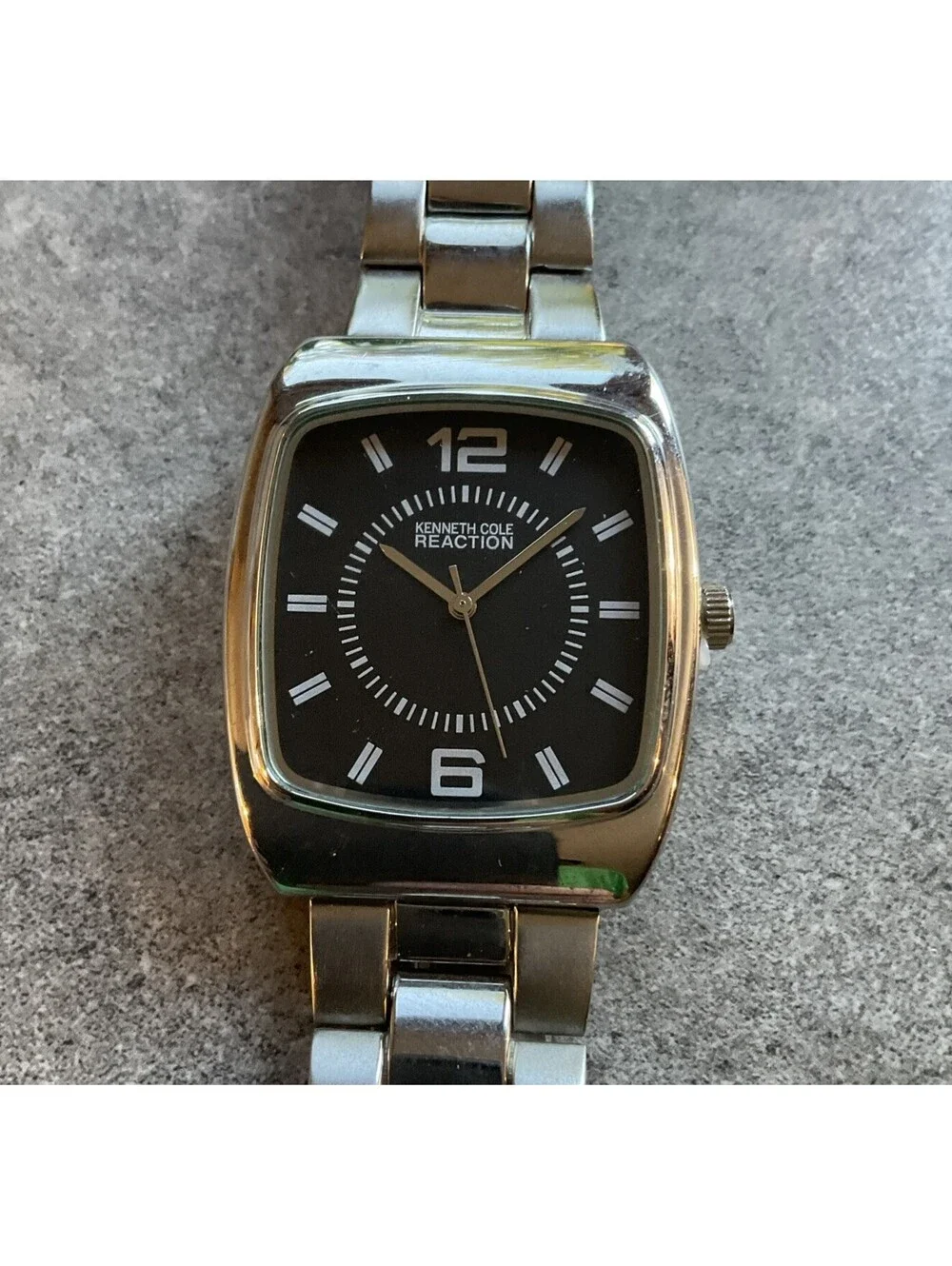 Kenneth Cole Reaction Men's Tank Style Watch 36mm Silver Tone Case Black Dial ~E